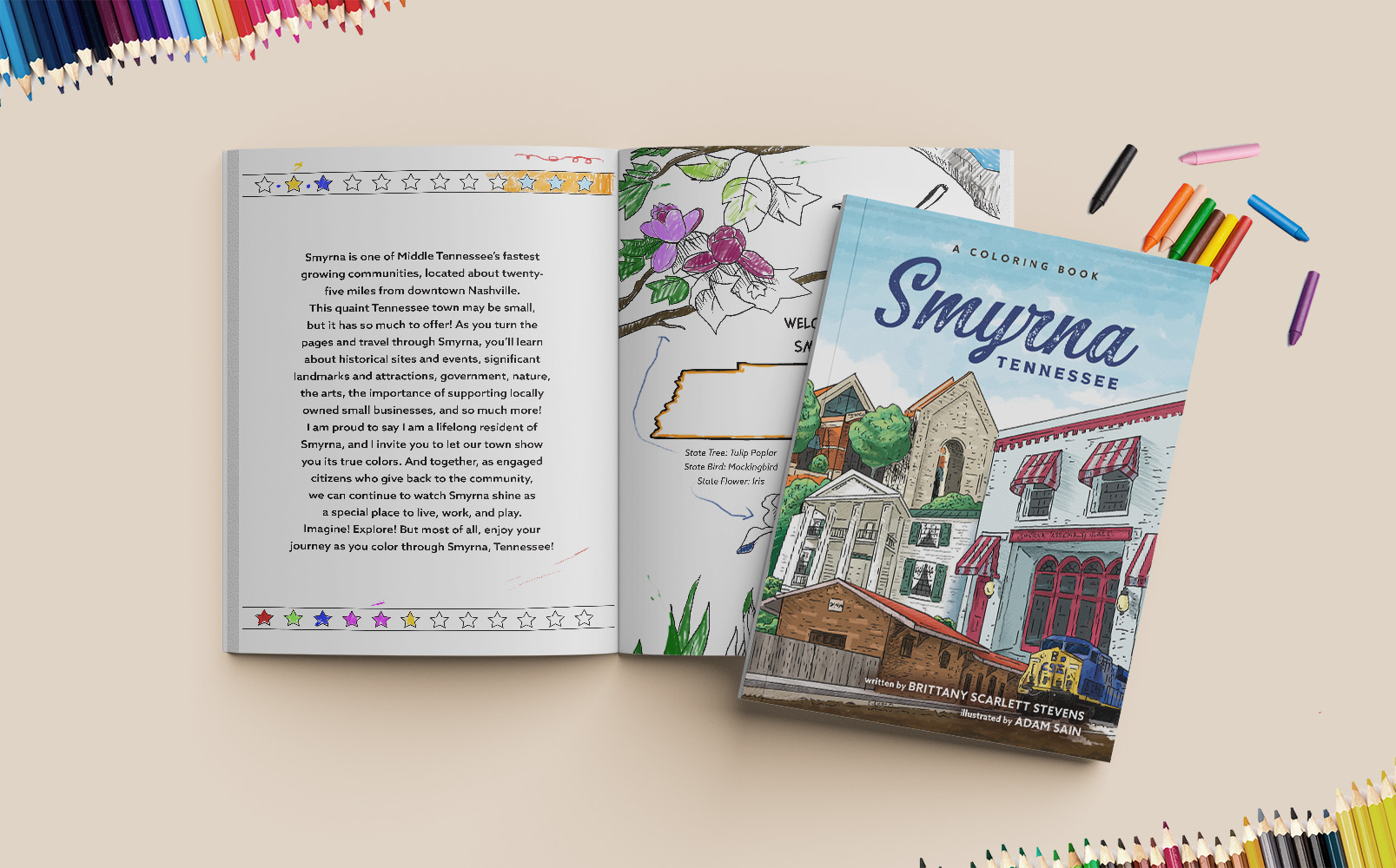 Smyrna, Tennessee - a coloring book cover and interior design