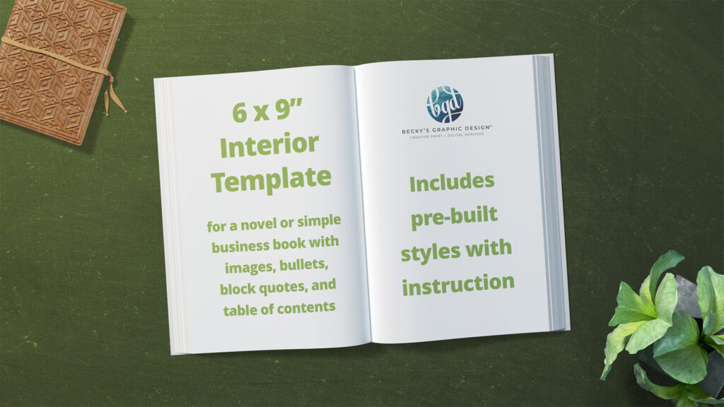 open book showing a mockup for a 6 by 9 inch indesign template