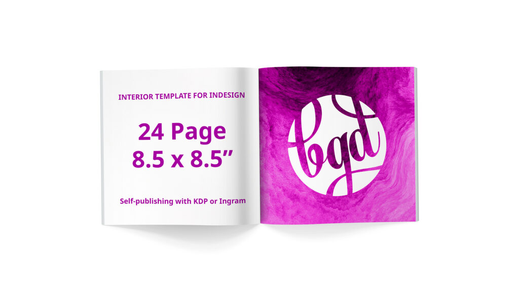 mockup of an open book advertising an 8.5 x 8.5 24-page children's book template