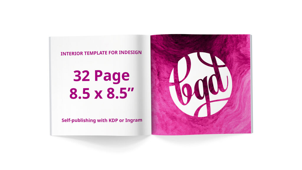 mockup of open book, advertising a 32-page 8.5 x 8.5 inch childrens book template for indesign