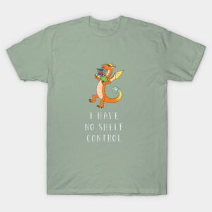 t-shirt mockup featuring an orange dragon juggling a stack of books and labeled as "I Have No Shelf Control"