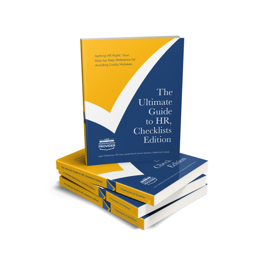 Mockup of a stack of books by John Thalheimer, MS Org. Leadership (Author), Chuck Simikian, SHRM-SCP, SPHR (Author) 