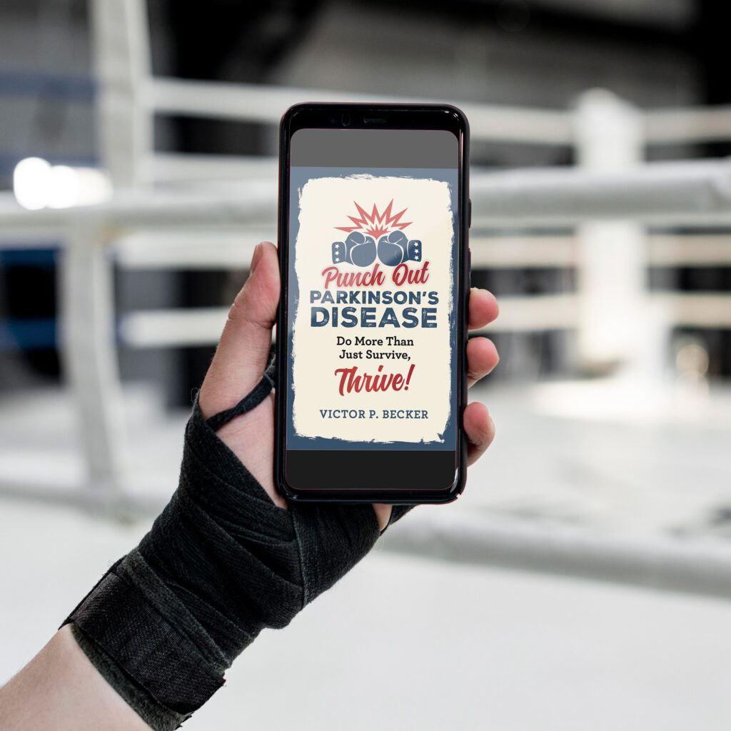phone mockup of Victor Becker's "Punch Out Parkinson's Disease."