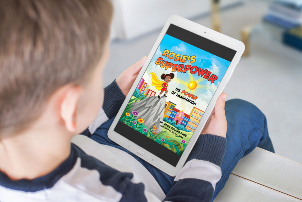 boy looking at tablet mockup of "Rosie's Superpower"