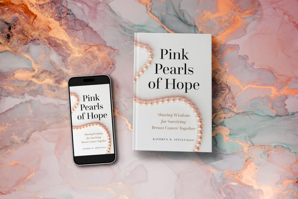 Mockup of the book "Pink Pearls of Hope" in hardcover and eBook form on a colorful marbled background