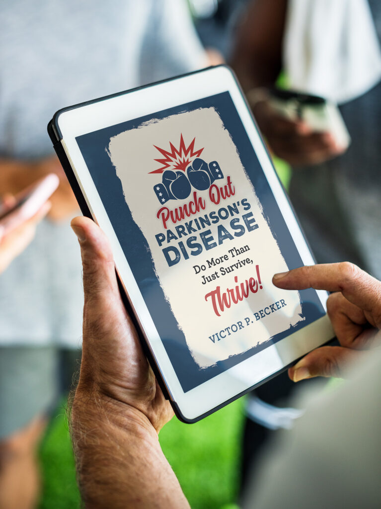 tablet mockup of book about Parkinson's Disease and advice