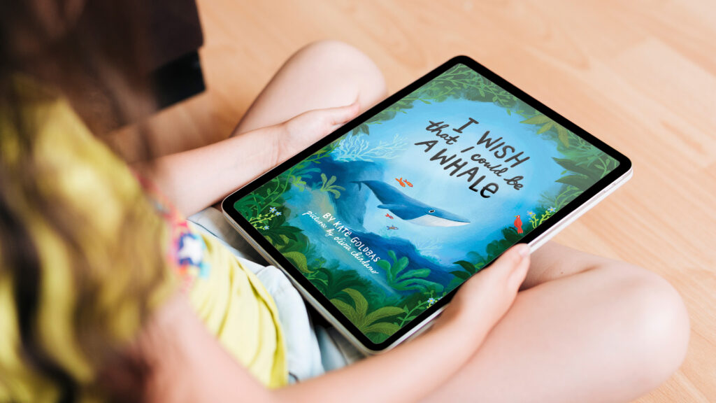 tablet front cover of "I Wish That I Could Be a Whale" children's sing-along book
