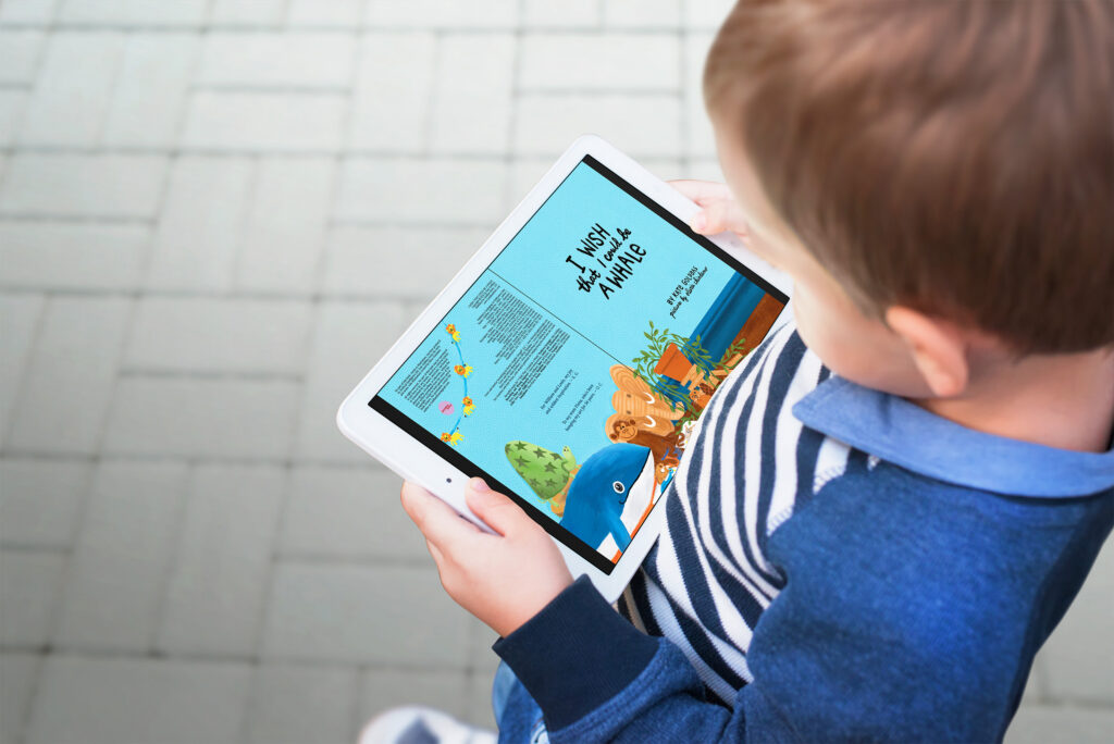 tablet front cover of "I Wish That I Could Be a Whale" children's sing-along book