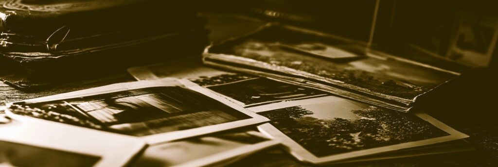 historic old photos lying on a tabletop with a sepia tone